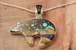 Calvin Begay Night Sky Mountain Design Sterling Silver Bear Pendant